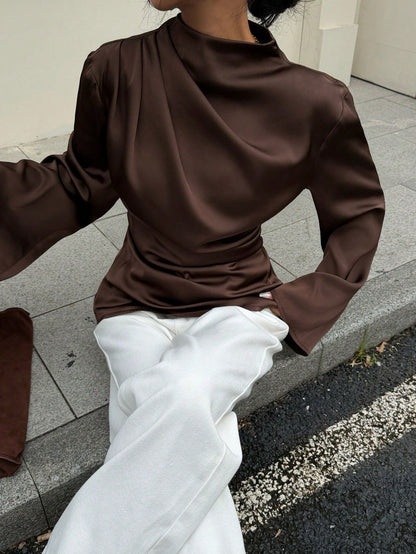 Siren Gaze Women's Satin Draped Long Sleeve Shirt, Coffee Brown Elegant Blouse For Autumn Office, Lapel Collar Formal Top, Chocolate Brown Modest Tops