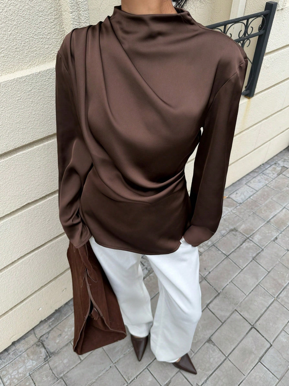 Siren Gaze Women's Satin Draped Long Sleeve Shirt, Coffee Brown Elegant Blouse For Autumn Office, Lapel Collar Formal Top, Chocolate Brown Modest Tops