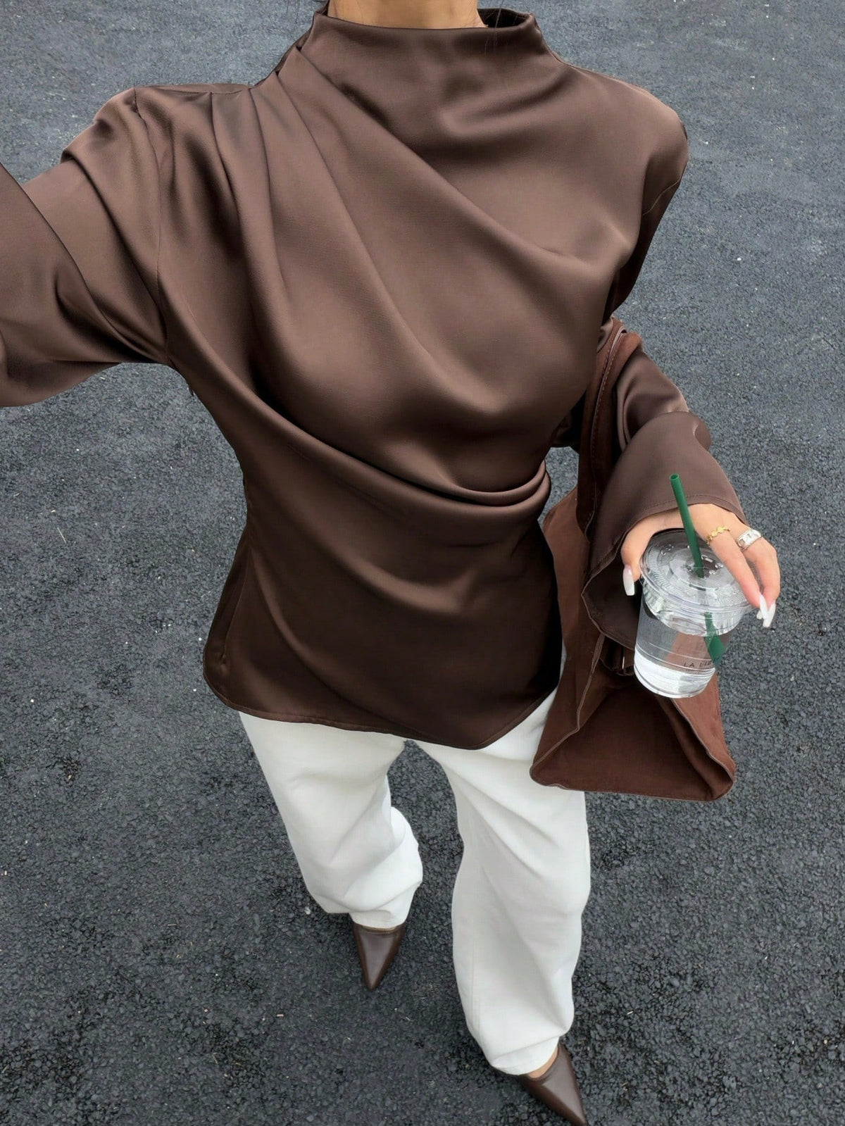 Siren Gaze Women's Satin Draped Long Sleeve Shirt, Coffee Brown Elegant Blouse For Autumn Office, Lapel Collar Formal Top, Chocolate Brown Modest Tops