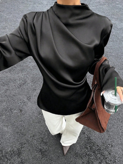 Siren Gaze Women's Satin Draped Long Sleeve Shirt, Coffee Brown Elegant Blouse For Autumn Office, Lapel Collar Formal Top, Chocolate Brown Modest Tops