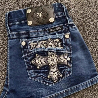 Skinny Versatile Shorts Retro Personalized Street Pattern Embroidery Spring And Summer Denim Shorts Women