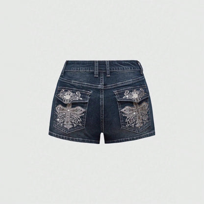 Skinny Versatile Shorts Retro Personalized Street Pattern Embroidery Spring And Summer Denim Shorts Women