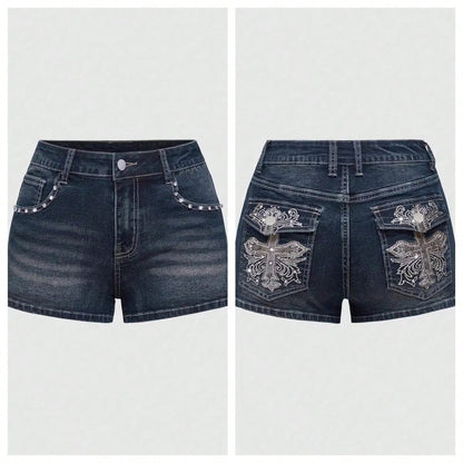 Skinny Versatile Shorts Retro Personalized Street Pattern Embroidery Spring And Summer Denim Shorts Women