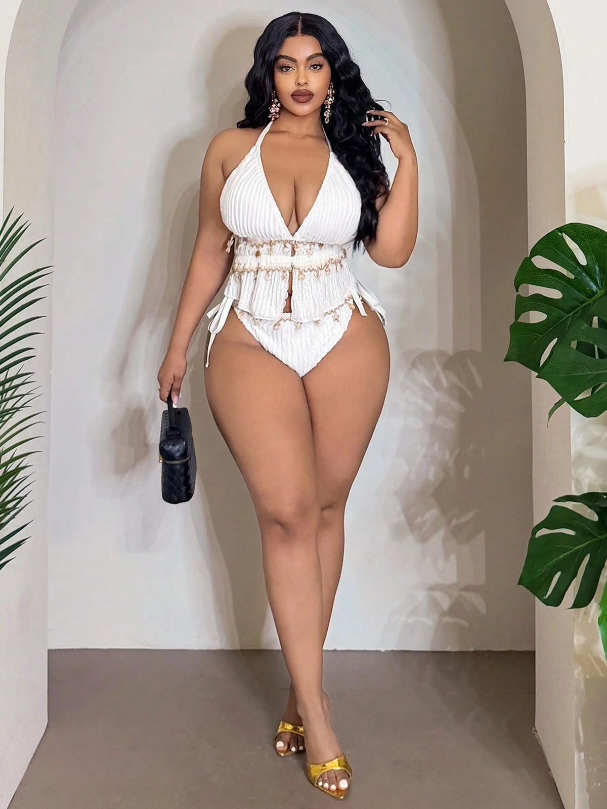 Slaydiva 2026 New Plus Size Women 2pcs/Set White Knitted Jacquard Halter Bikini,Drawstring Side Tie Triangle Bottoms Summer Beach Vacation Holiday Swimwear