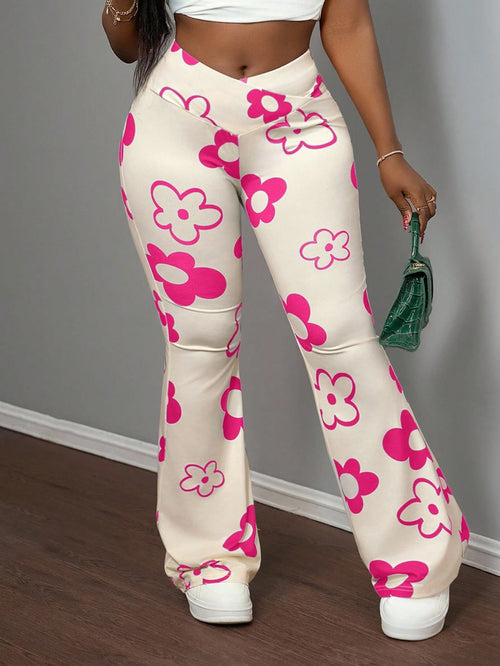 Slaydiva Beige,Summer,Cute,Picnic,Vacation Women's Casual Street Sports Elastic Waistband Full Branch Print Wide-Leg Pants,Y2k Flower Pants With Pockets