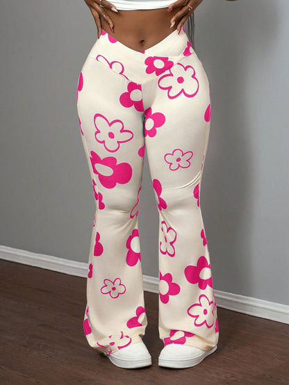Slaydiva Beige,Summer,Cute,Picnic,Vacation Women's Casual Street Sports Elastic Waistband Full Branch Print Wide-Leg Pants,Y2k Flower Pants With Pockets