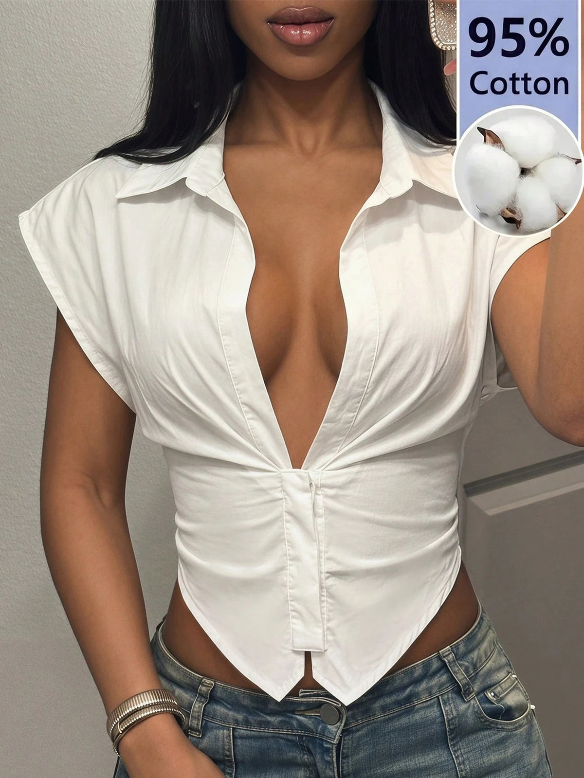 Slaydiva Polo Collar Deep V-Neck Cap Sleeve Flutter Sleeve V-Hem Waist-Cinching White Blouse Women's Shirt New Style Early Autumn Summer, Night Out, Casual