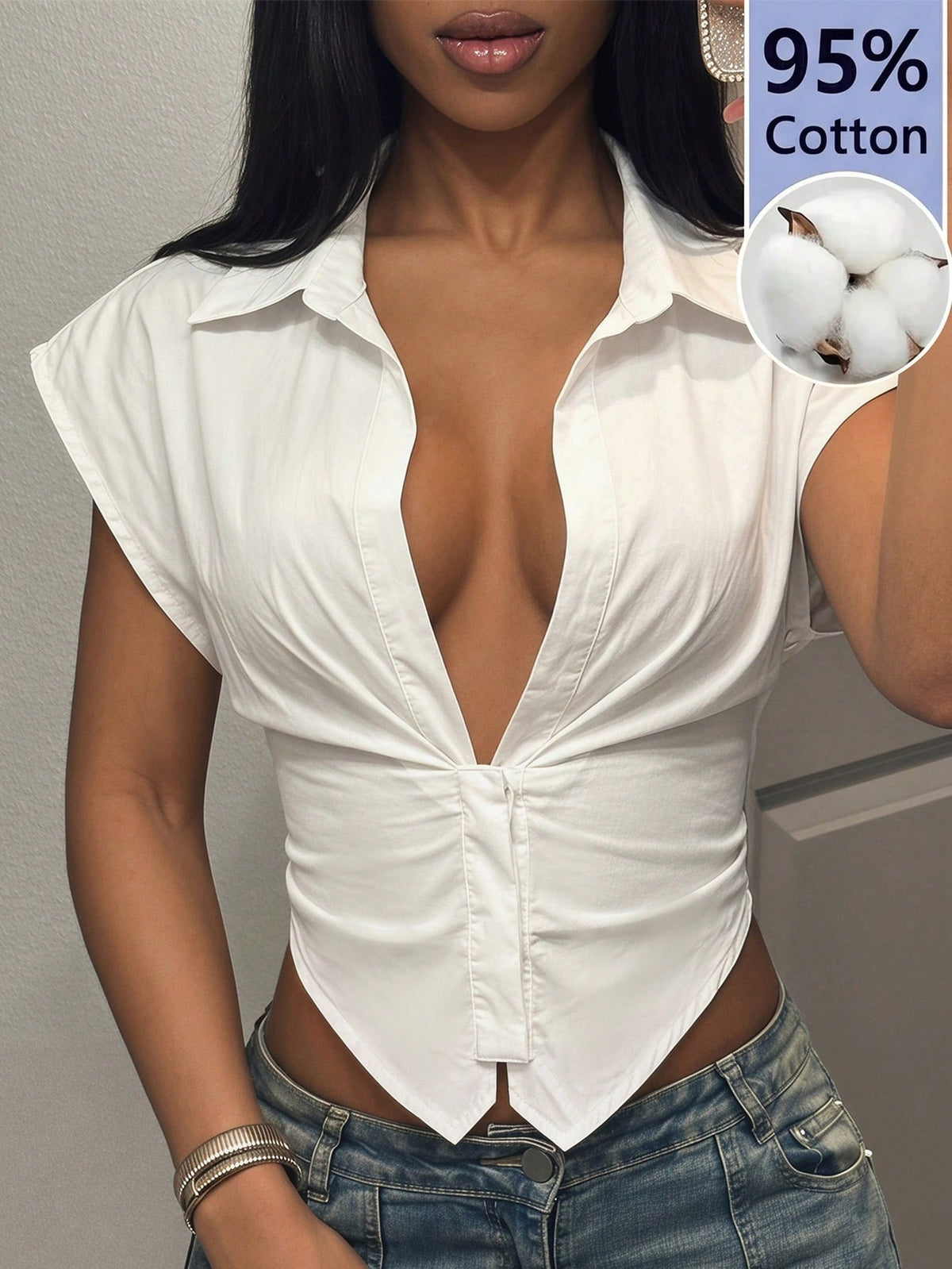 Slaydiva Polo Collar Deep V-Neck Cap Sleeve Flutter Sleeve V-Hem Waist-Cinching White Blouse Women's Shirt New Style Early Autumn Summer, Night Out, Casual