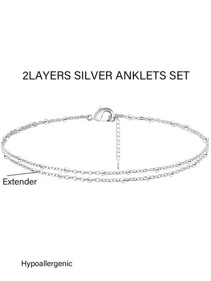 Sliver Plated Multilayer Anklet Set For Women, Waterproof Anklet Bracelet Set, Tarnish Resistant, Summer Beach Jewelry Gift Silver Elegant Anklet