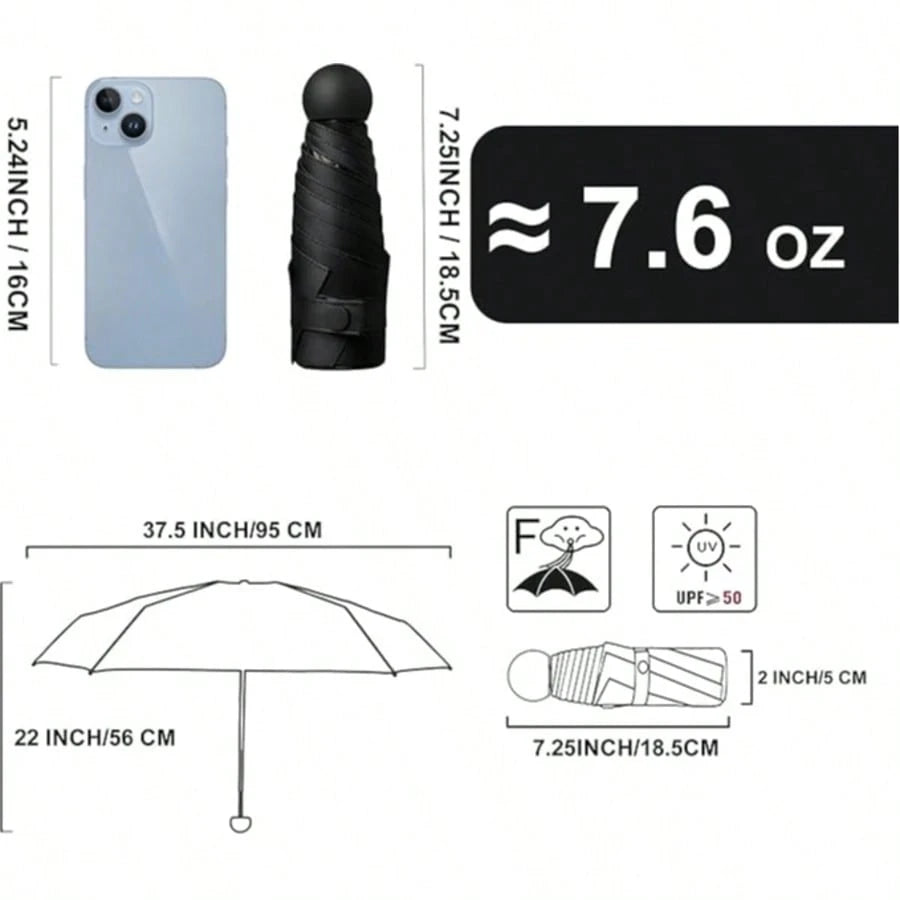 Small Compact Umbrella For Women- Foldable Travel Umbrella With UPF 50+ UV Protection, Rainproof & Sunproof, Ideal For Backpack, Purse & Beach Trips