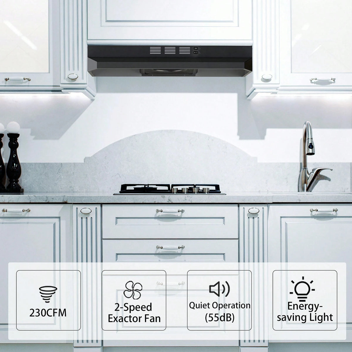 SNDOAS Range Hood 30 Inch Under Cabinet, Ducted/Ductless Convertible Kitchen Hood, Stainless Steel Vent Hood With LED Light,Under Cabinet Hood With 2 Speed Exhaust Fan,Black