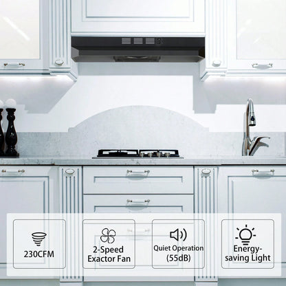 SNDOAS Range Hood 30 Inch Under Cabinet, Ducted/Ductless Convertible Kitchen Hood, Stainless Steel Vent Hood With LED Light,Under Cabinet Hood With 2 Speed Exhaust Fan,Black
