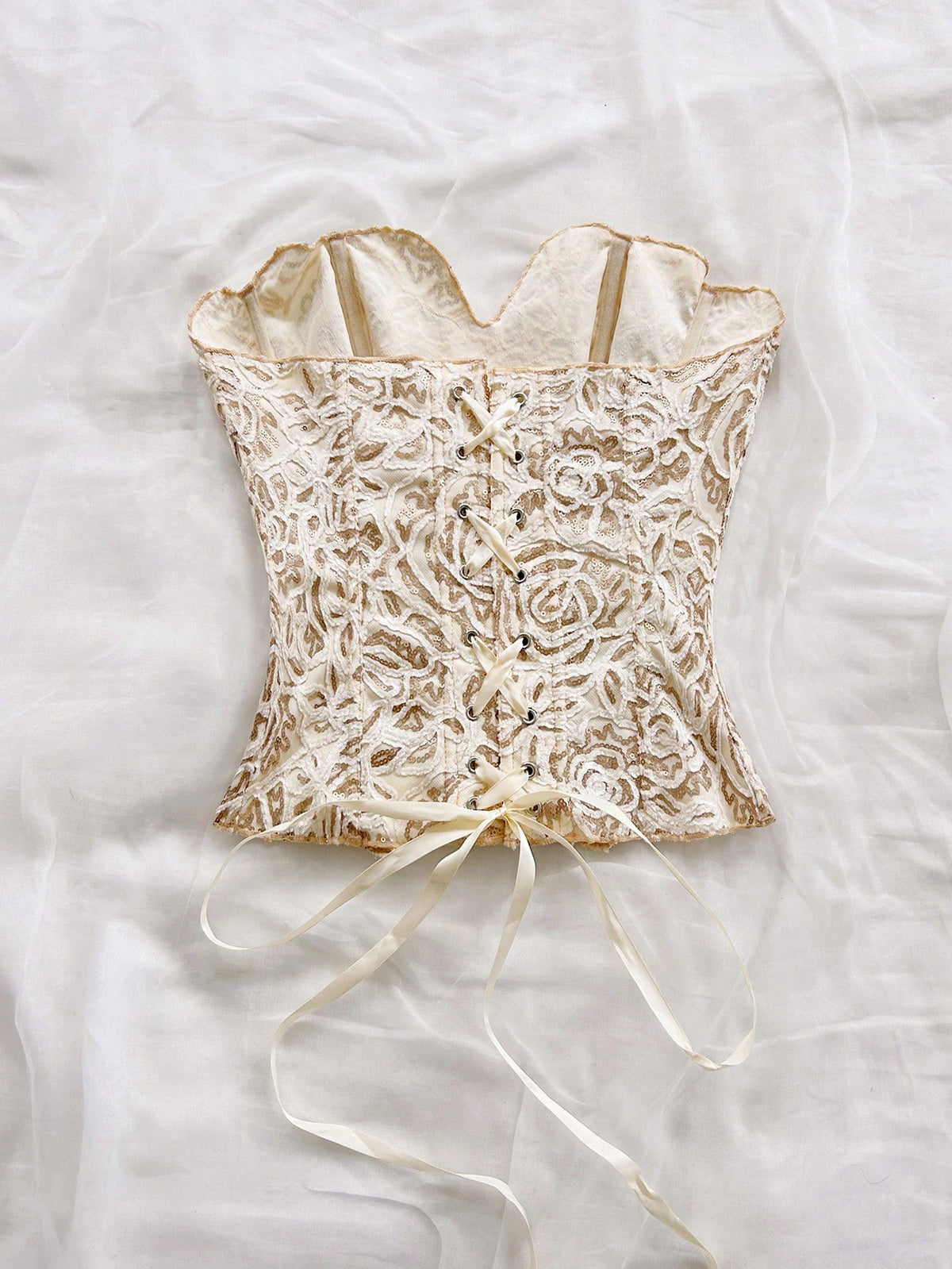 Soleia Bandeau Lace Double-Layer Fitted Corset Bustier Top, Hollow Embroidered White Gold Summer Elegant Wedding Guest Nightclub Outfits,No Chest Padding