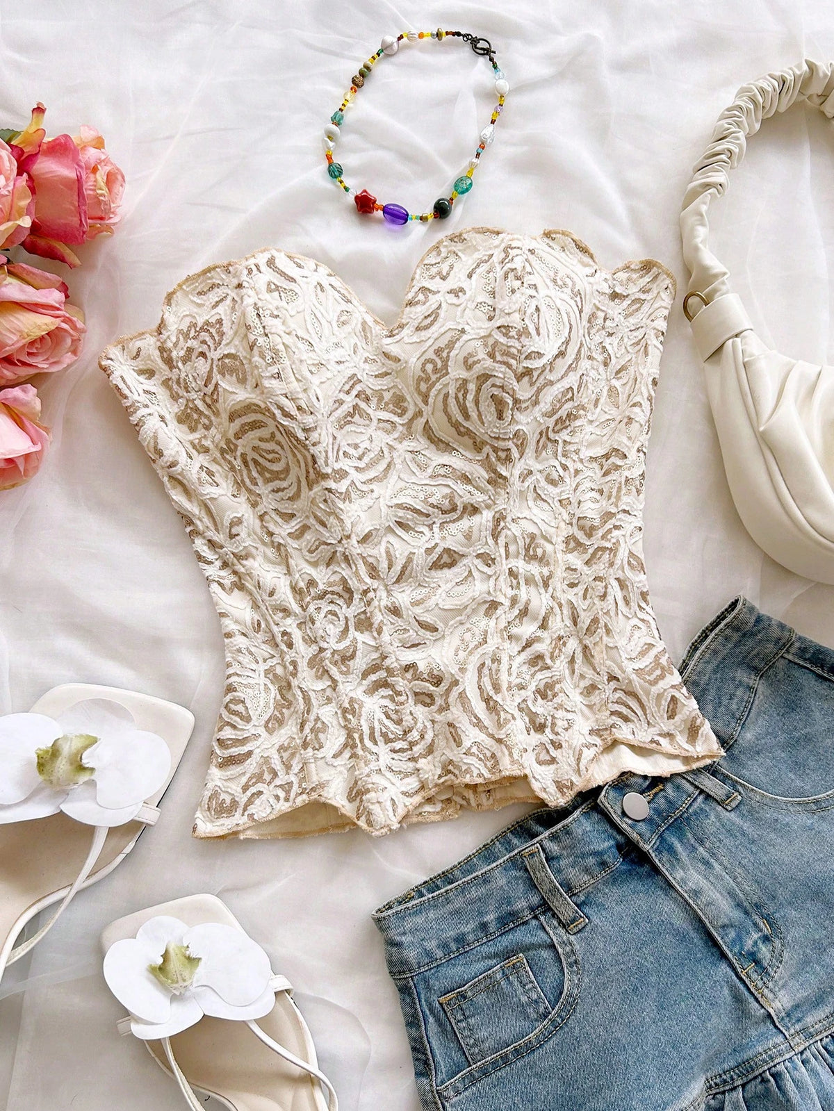 Soleia Bandeau Lace Double-Layer Fitted Corset Bustier Top, Hollow Embroidered White Gold Summer Elegant Wedding Guest Nightclub Outfits,No Chest Padding