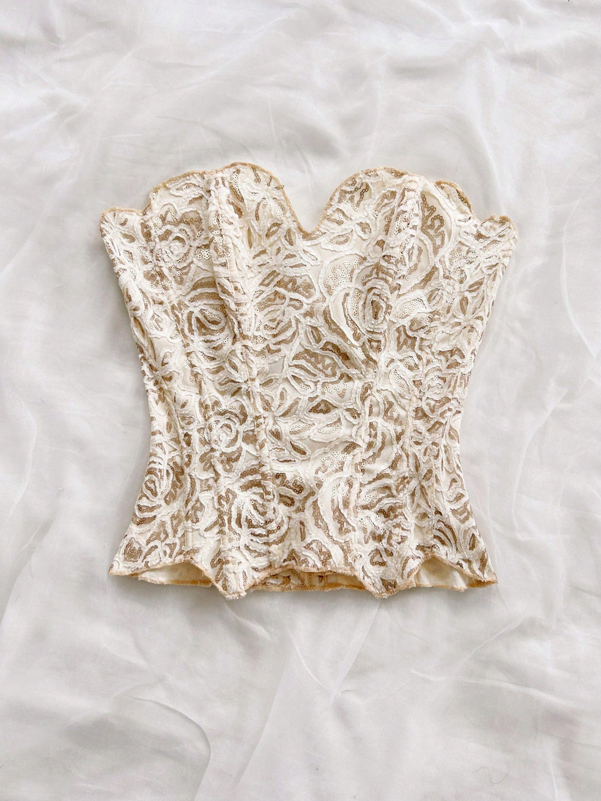 Soleia Bandeau Lace Double-Layer Fitted Corset Bustier Top, Hollow Embroidered White Gold Summer Elegant Wedding Guest Nightclub Outfits,No Chest Padding