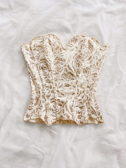 Soleia Bandeau Lace Double-Layer Fitted Corset Bustier Top, Hollow Embroidered White Gold Summer Elegant Wedding Guest Nightclub Outfits,No Chest Padding