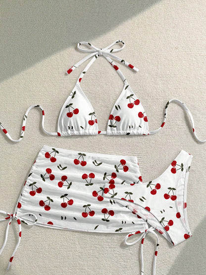 Soleia Casual Minimalist Cute Cherry Print Pattern Women's Swimwear Set, Suitable For Spring And Summer