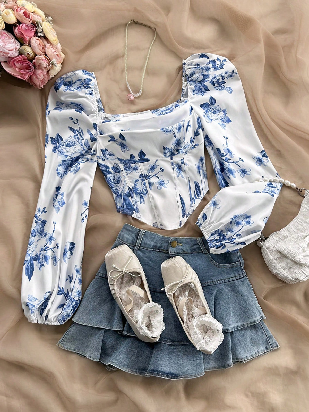 Soleia Fall Women Clothes Going Out Tops Casual Vacation Romantic Blue & White Print Asymmetric Hem Blouse For Women No Chest Padding