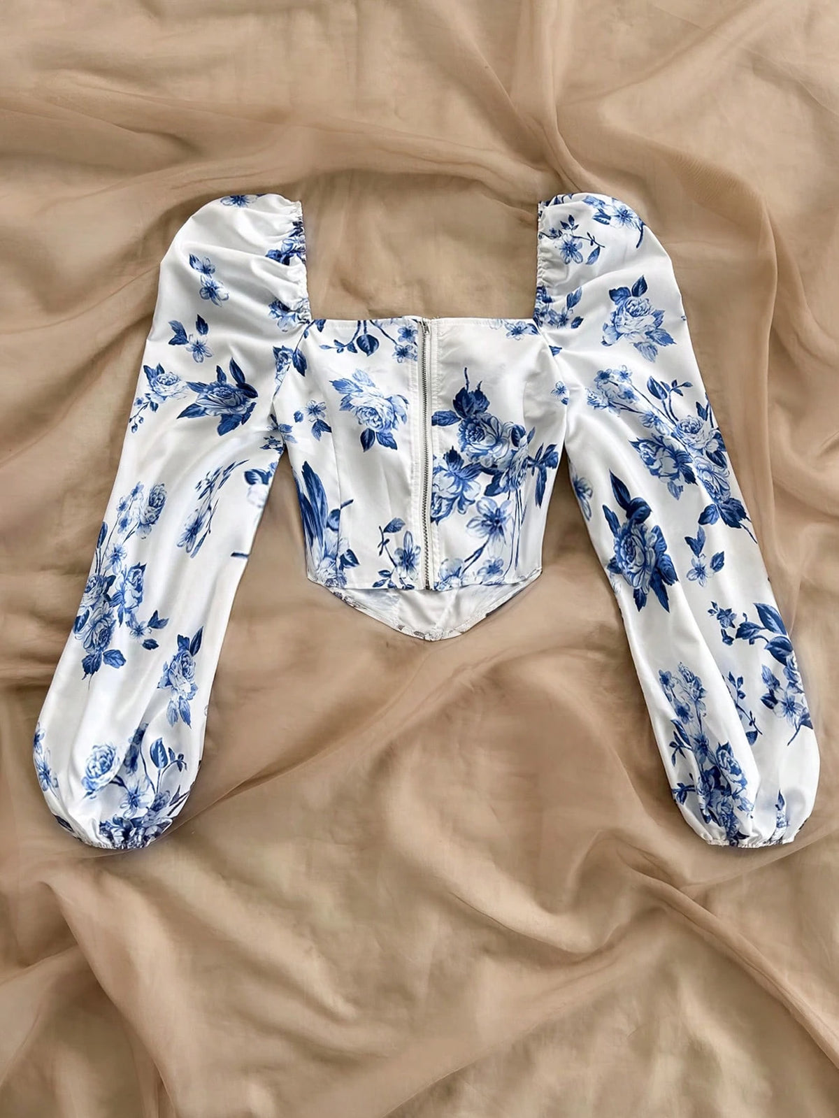 Soleia Fall Women Clothes Going Out Tops Casual Vacation Romantic Blue & White Print Asymmetric Hem Blouse For Women No Chest Padding