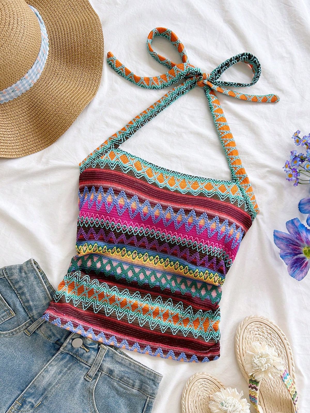 Soleia New Arrival Spring/Summer Vacation Halter Neck Tie Strap Women Striped Camisole No Chest Padding