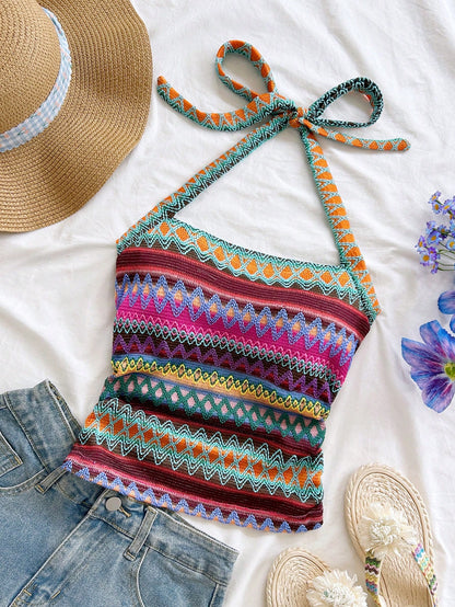 Soleia New Arrival Spring/Summer Vacation Halter Neck Tie Strap Women Striped Camisole No Chest Padding