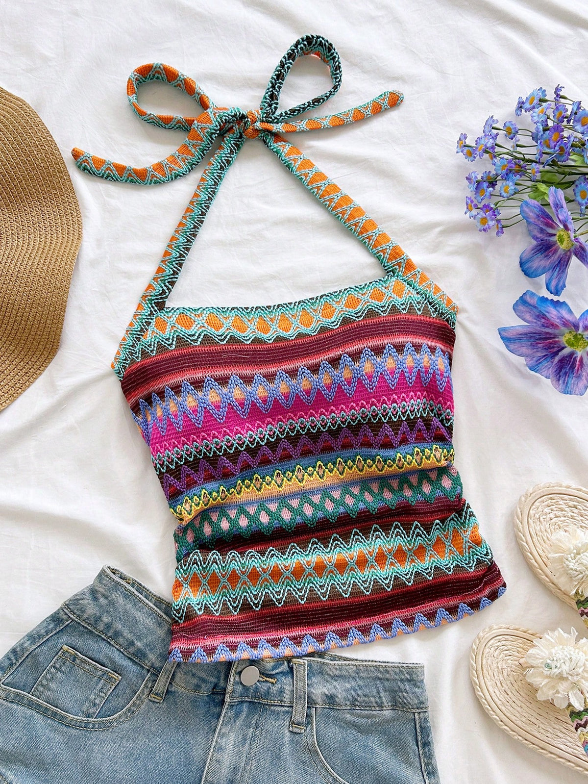 Soleia New Arrival Spring/Summer Vacation Halter Neck Tie Strap Women Striped Camisole No Chest Padding