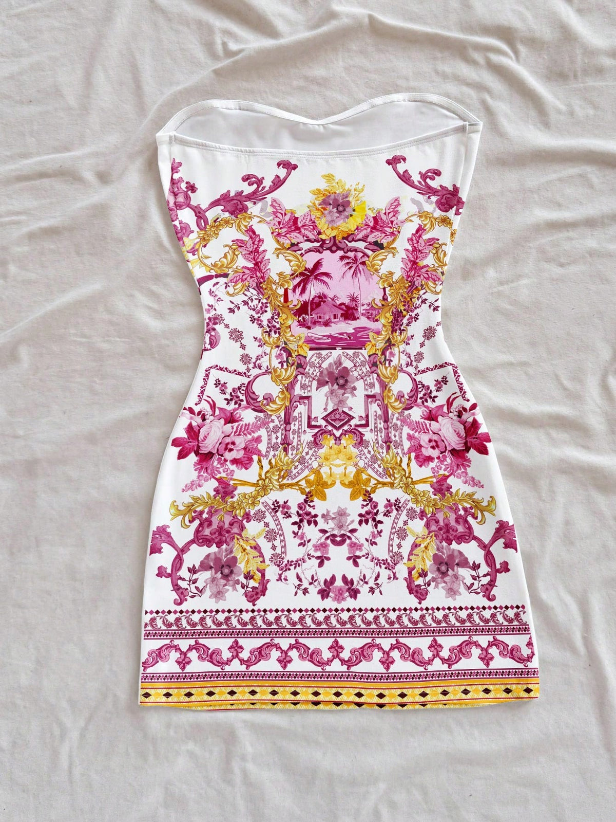 Soleia Women's Strapless White And Gold Knitted Mini Dress,Elegant Sexy Jamaican Tropical Baroque Scenic Print,Sleeveless Summer Flared Holiday Vacation Chic