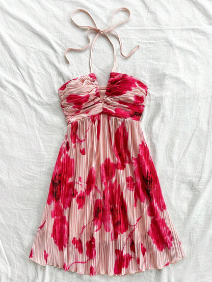 Soleia Women's Vacation-Style Tie Dye Floral Printed A-Line Front Halter Neck Flowing Dress, Beach/Resort/Music Festival Summer Boho Dresses For Women