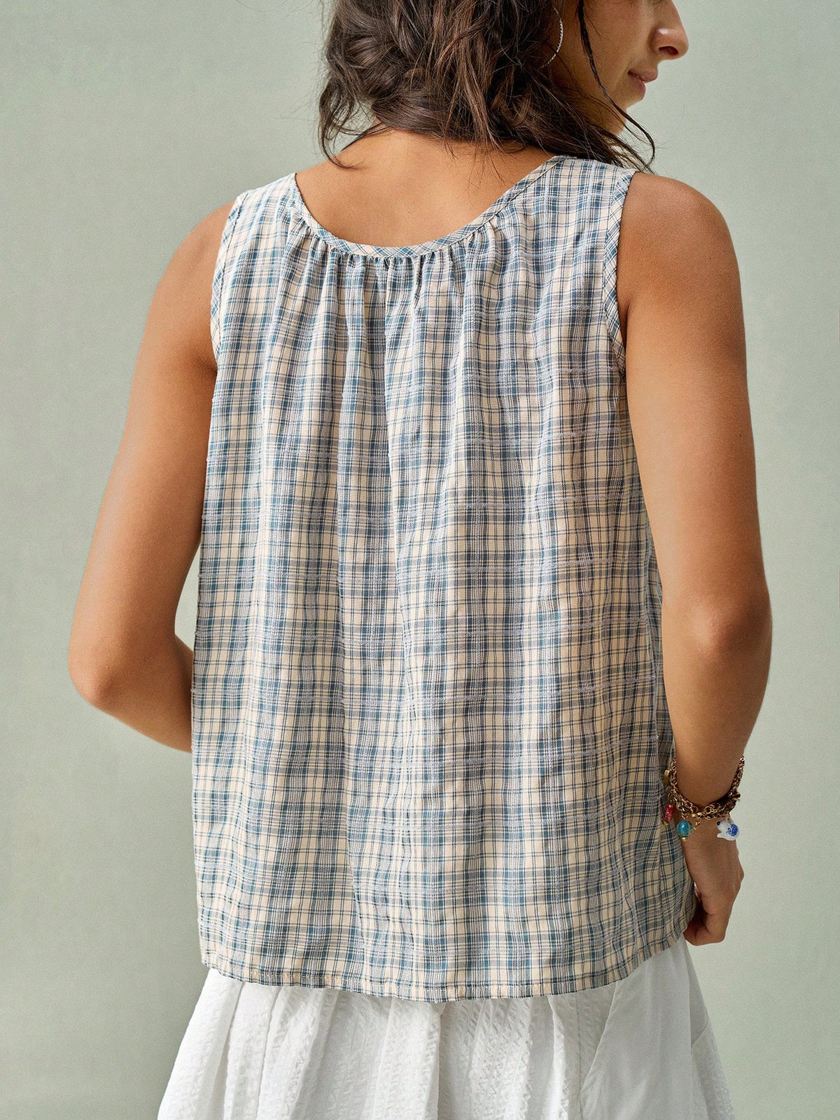 SoleilVie Blue Plaid Gingham Embroidered Blouse For Women- Sleeveless Square Neck Tassel Tie Front Floral Embroidery Summer Vacation 1960s Vintage