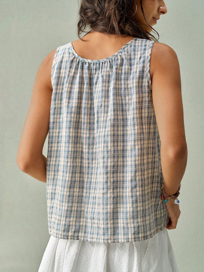 SoleilVie Blue Plaid Gingham Embroidered Blouse For Women- Sleeveless Square Neck Tassel Tie Front Floral Embroidery Summer Vacation 1960s Vintage