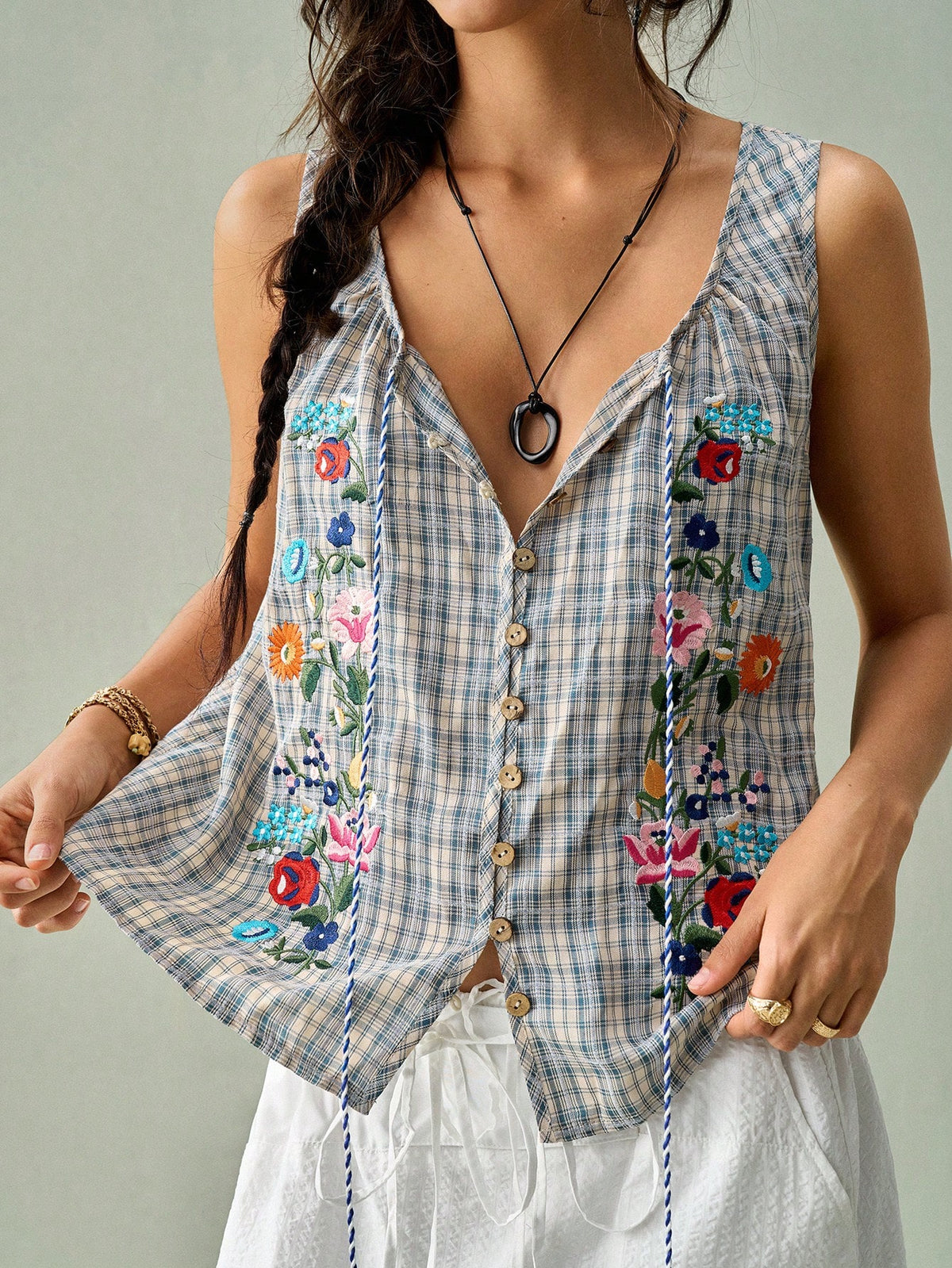 SoleilVie Blue Plaid Gingham Embroidered Blouse For Women- Sleeveless Square Neck Tassel Tie Front Floral Embroidery Summer Vacation 1960s Vintage