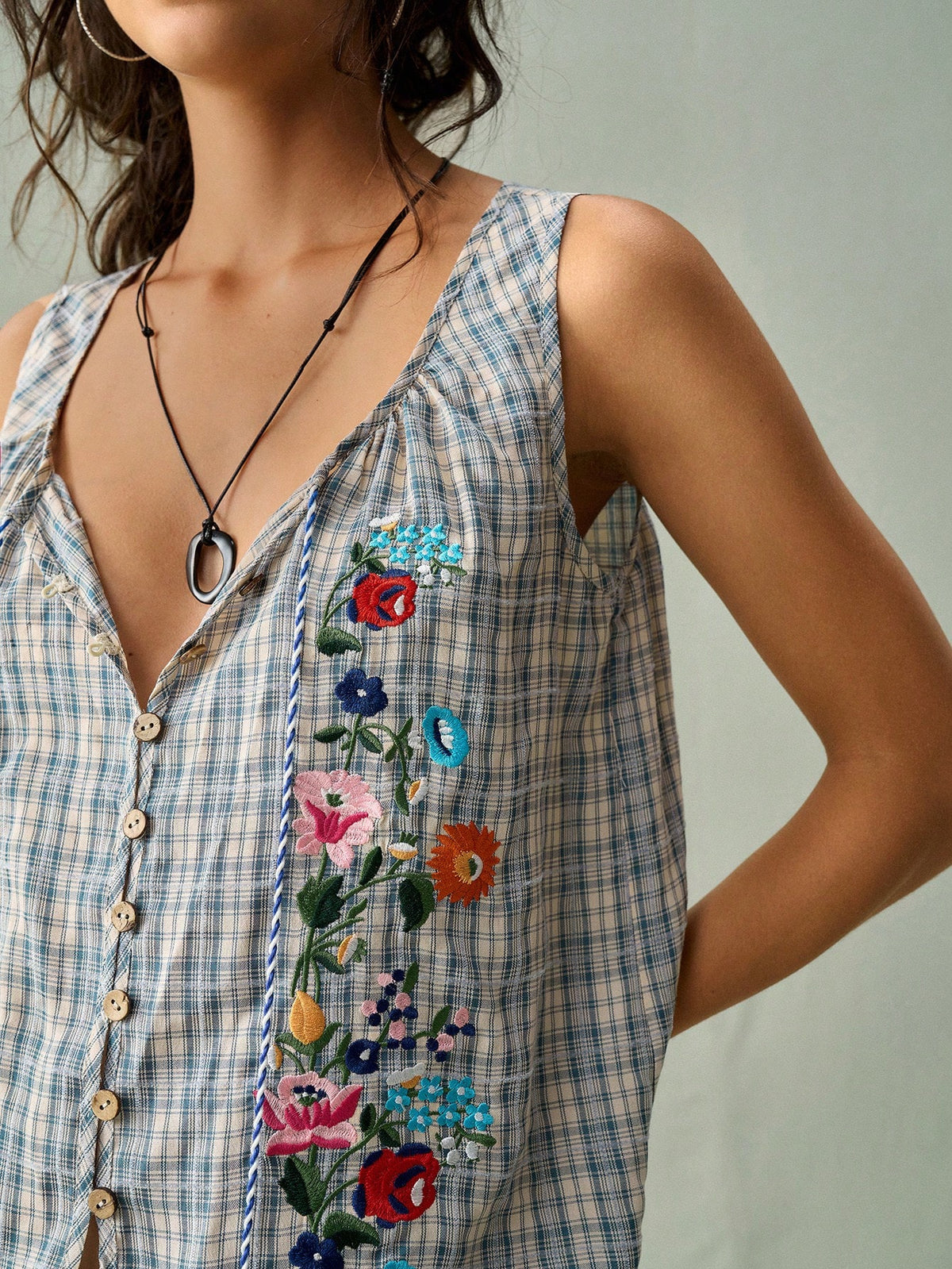 SoleilVie Blue Plaid Gingham Embroidered Blouse For Women- Sleeveless Square Neck Tassel Tie Front Floral Embroidery Summer Vacation 1960s Vintage
