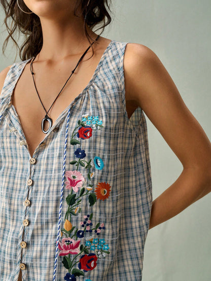 SoleilVie Blue Plaid Gingham Embroidered Blouse For Women- Sleeveless Square Neck Tassel Tie Front Floral Embroidery Summer Vacation 1960s Vintage