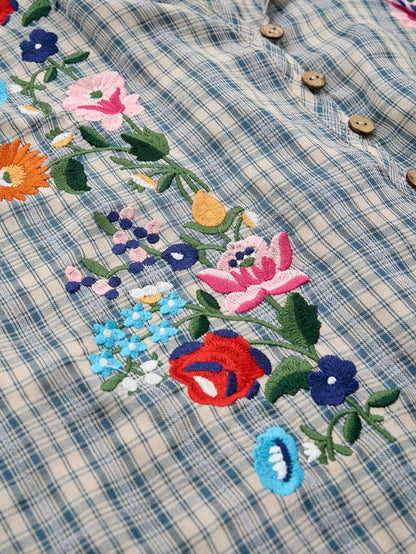 SoleilVie Blue Plaid Gingham Embroidered Blouse For Women- Sleeveless Square Neck Tassel Tie Front Floral Embroidery Summer Vacation 1960s Vintage