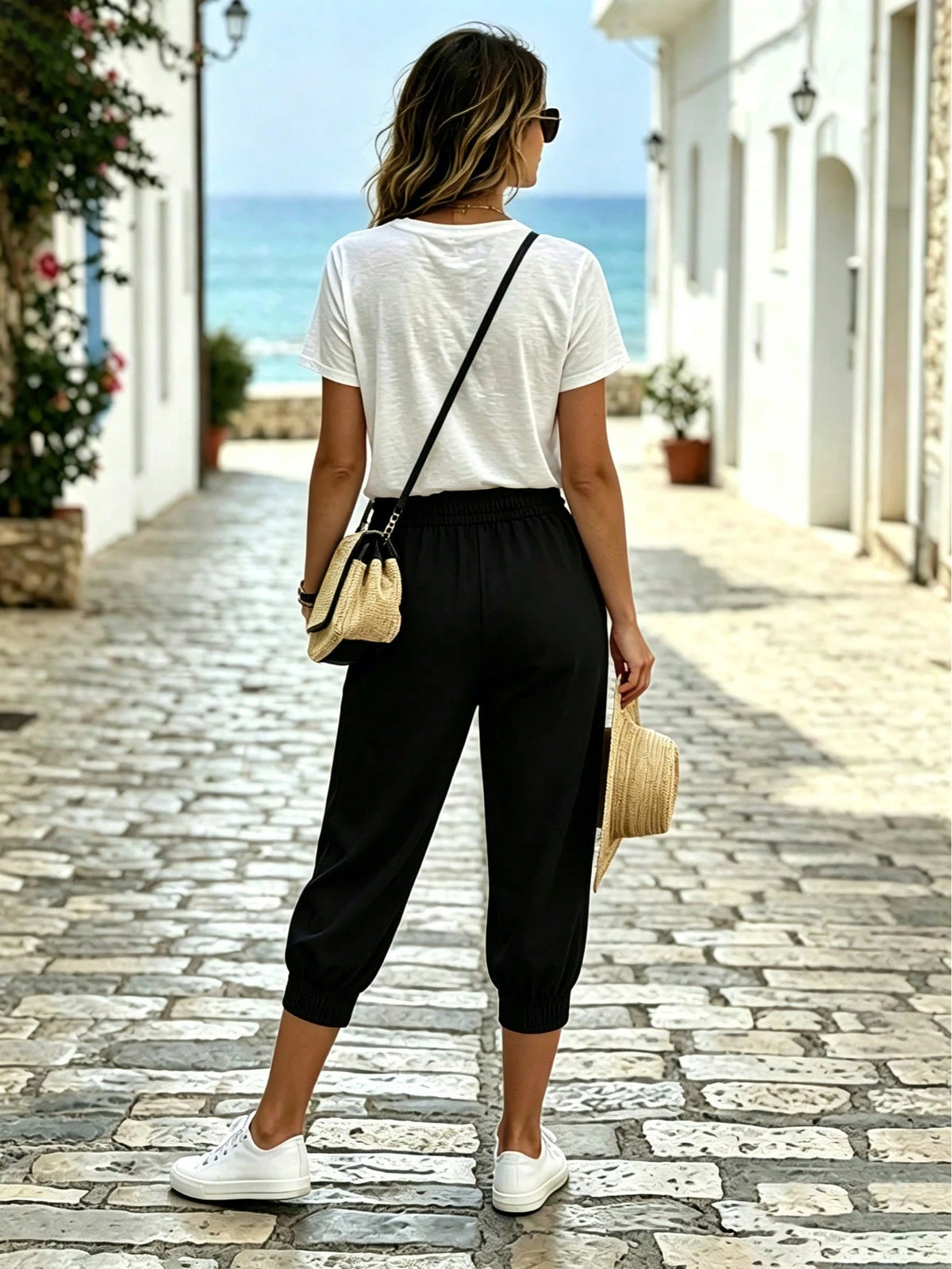 Solid Black Elastic Drawstring Capri Jogger Pants Women Loose Lightweight Casual Cropped Trousers Travel Beach Daily Wear