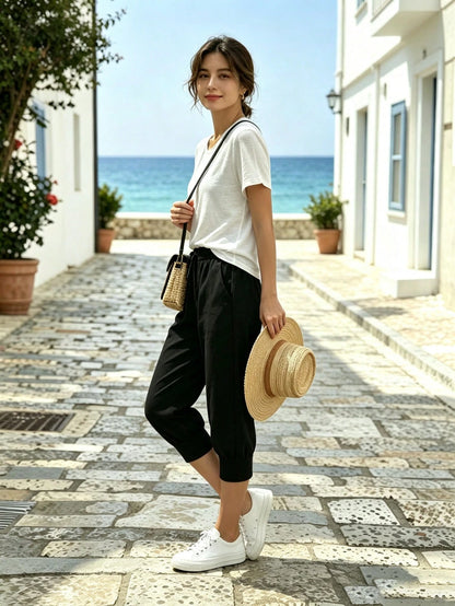 Solid Black Elastic Drawstring Capri Jogger Pants Women Loose Lightweight Casual Cropped Trousers Travel Beach Daily Wear