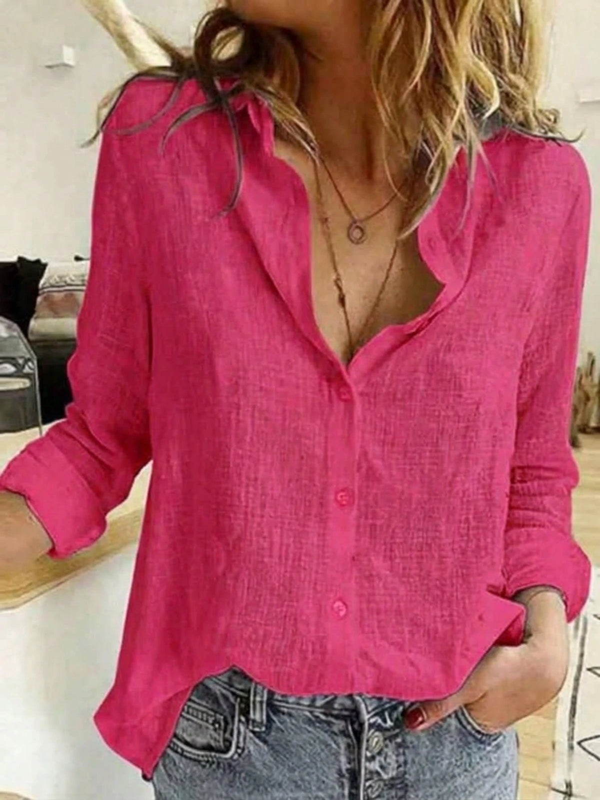 Solid Button-Down Shirt, Elegant Long Sleeve Floral Print Collared Blouse, Office Siren