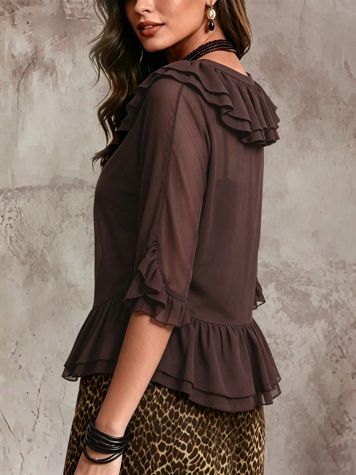 Solid Ruffle Trim V-Neck Tie Front Sheer Chiffon Blouse With Flare Sleeves
