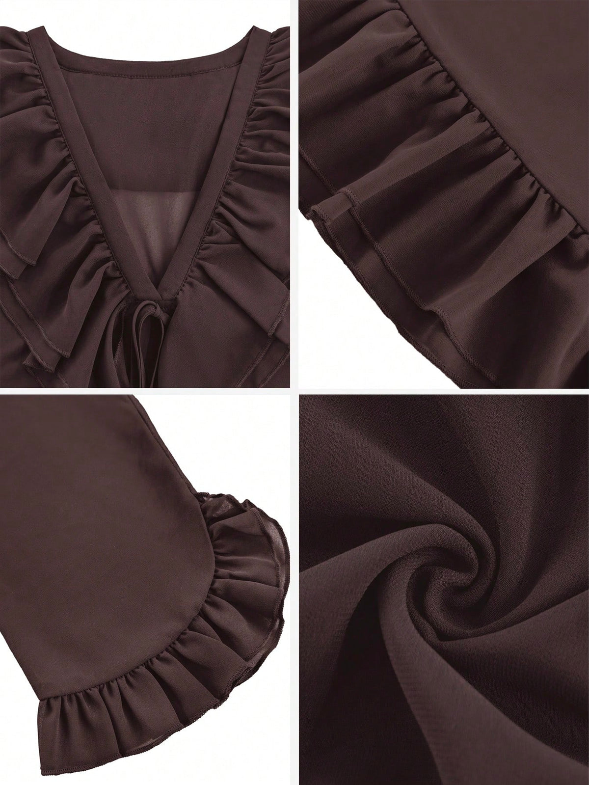 Solid Ruffle Trim V-Neck Tie Front Sheer Chiffon Blouse With Flare Sleeves