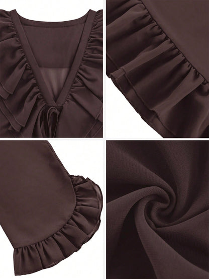 Solid Ruffle Trim V-Neck Tie Front Sheer Chiffon Blouse With Flare Sleeves