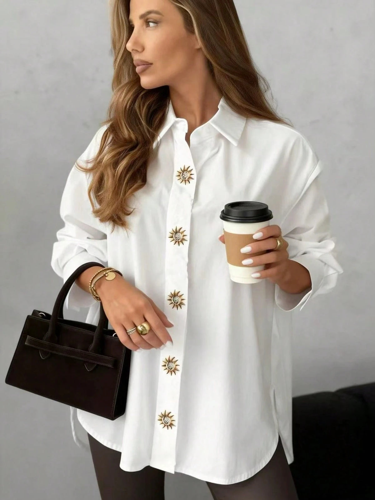 Solstice Apparel Sunflower Metal Buckle Decor Loose Long Sleeve Solid Color Textured Shirt, Minimalist Luxury Style, Work, Dates Winter White