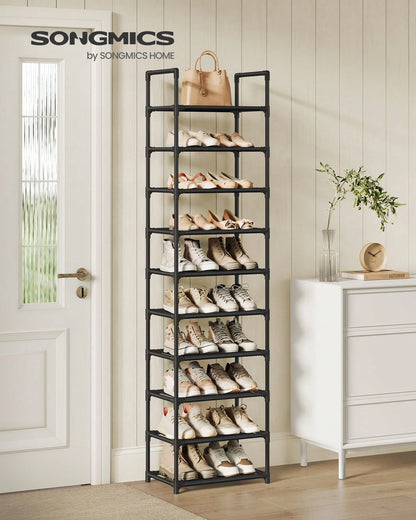 SONGMICS Shoe Rack, 10 Tier Shoe Shelf, Shoe Storage Organizer, Space-Saving, 11 X 17.7 X 68.1 Inches, Metal Frame, Non-Woven Fabric Shelves, For Entryway, Bedroom, Black
