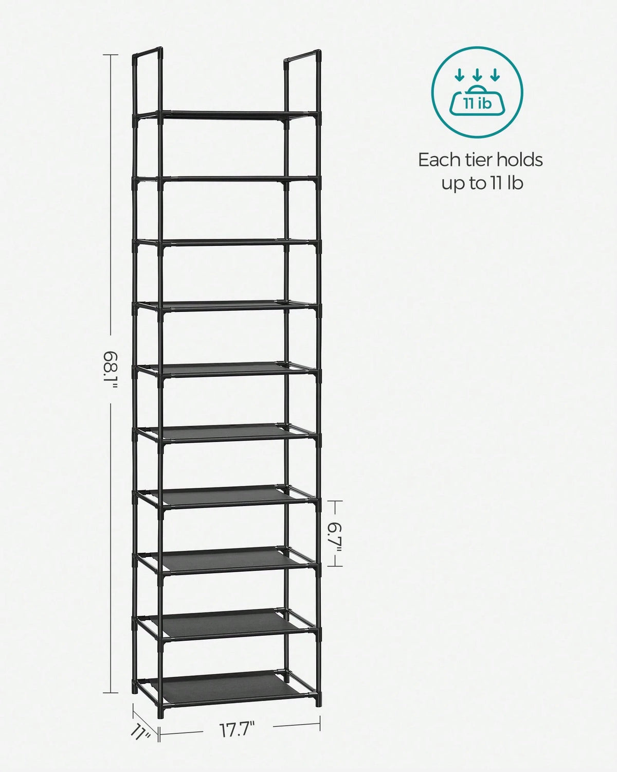 SONGMICS Shoe Rack, 10 Tier Shoe Shelf, Shoe Storage Organizer, Space-Saving, 11 X 17.7 X 68.1 Inches, Metal Frame, Non-Woven Fabric Shelves, For Entryway, Bedroom, Black