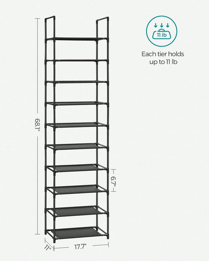 SONGMICS Shoe Rack, 10 Tier Shoe Shelf, Shoe Storage Organizer, Space-Saving, 11 X 17.7 X 68.1 Inches, Metal Frame, Non-Woven Fabric Shelves, For Entryway, Bedroom, Black