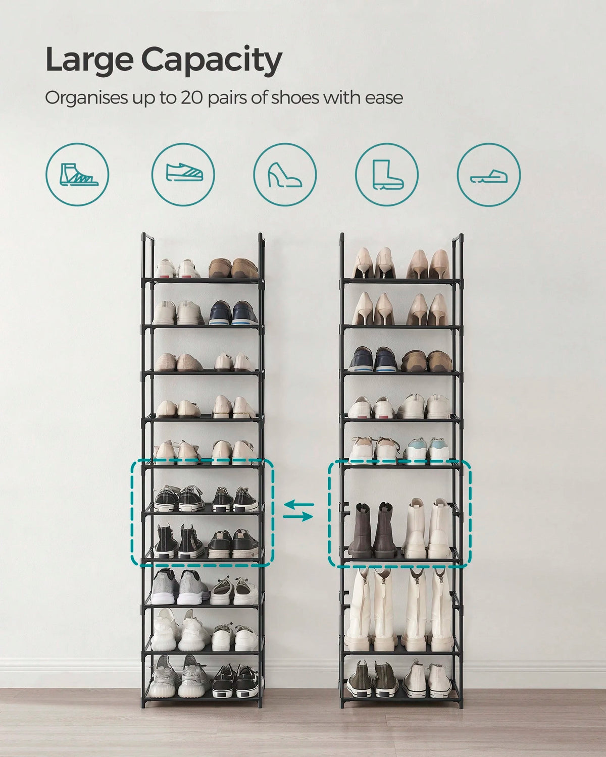 SONGMICS Shoe Rack, 10 Tier Shoe Shelf, Shoe Storage Organizer, Space-Saving, 11 X 17.7 X 68.1 Inches, Metal Frame, Non-Woven Fabric Shelves, For Entryway, Bedroom, Black