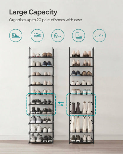 SONGMICS Shoe Rack, 10 Tier Shoe Shelf, Shoe Storage Organizer, Space-Saving, 11 X 17.7 X 68.1 Inches, Metal Frame, Non-Woven Fabric Shelves, For Entryway, Bedroom, Black