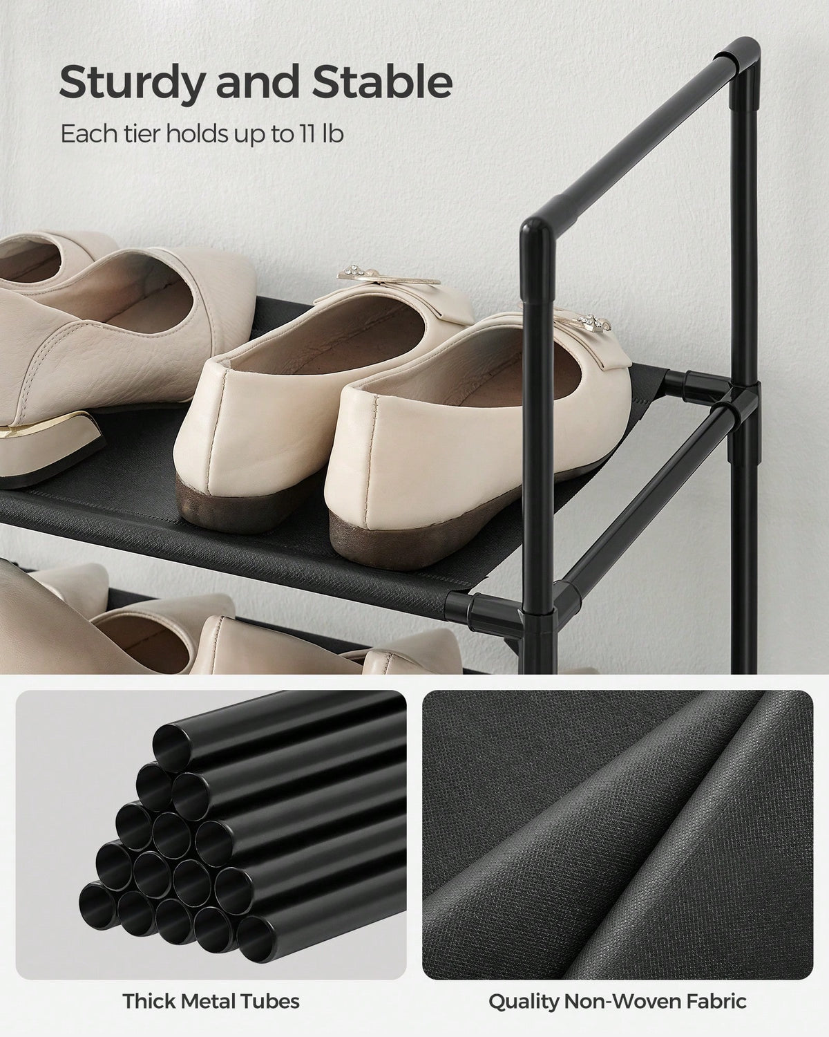 SONGMICS Shoe Rack, 10 Tier Shoe Shelf, Shoe Storage Organizer, Space-Saving, 11 X 17.7 X 68.1 Inches, Metal Frame, Non-Woven Fabric Shelves, For Entryway, Bedroom, Black