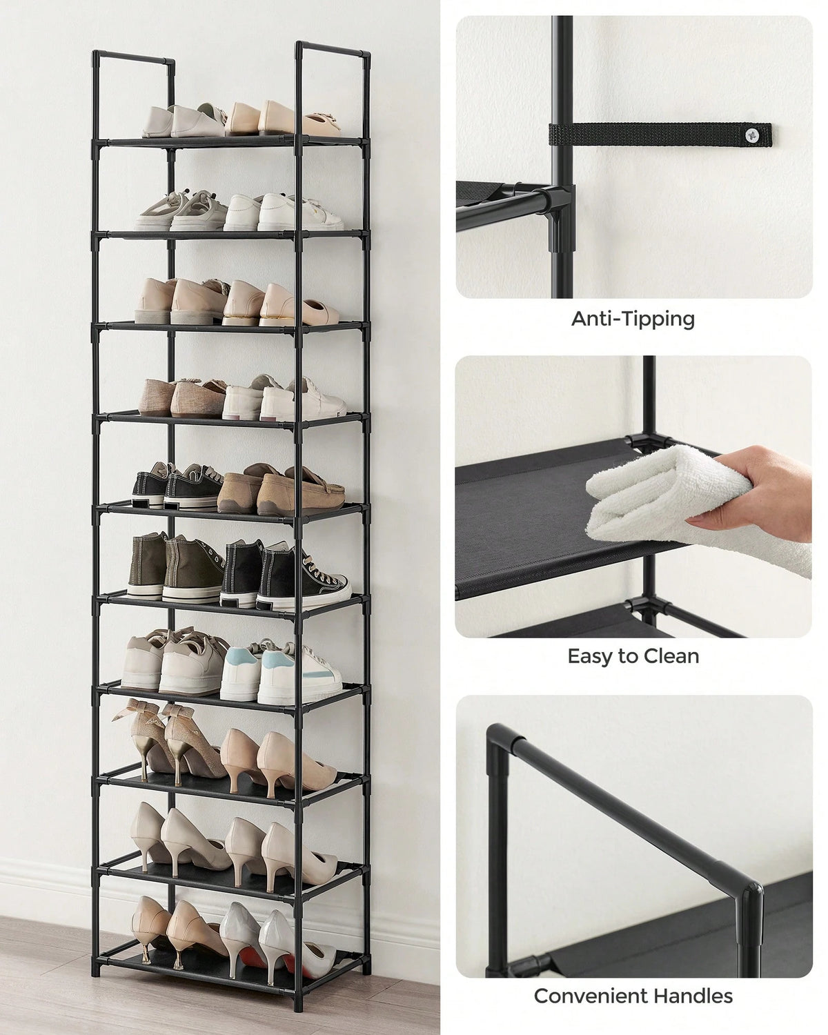 SONGMICS Shoe Rack, 10 Tier Shoe Shelf, Shoe Storage Organizer, Space-Saving, 11 X 17.7 X 68.1 Inches, Metal Frame, Non-Woven Fabric Shelves, For Entryway, Bedroom, Black