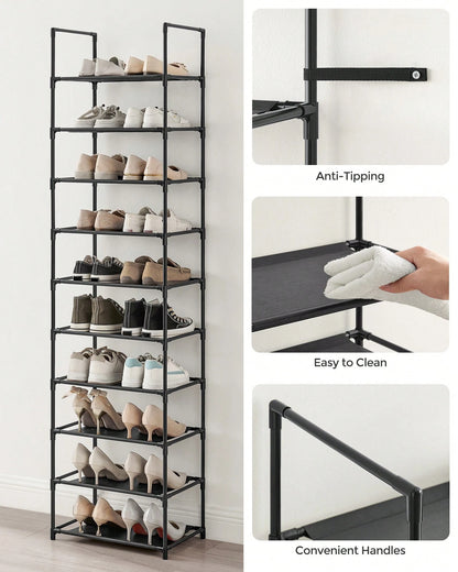 SONGMICS Shoe Rack, 10 Tier Shoe Shelf, Shoe Storage Organizer, Space-Saving, 11 X 17.7 X 68.1 Inches, Metal Frame, Non-Woven Fabric Shelves, For Entryway, Bedroom, Black