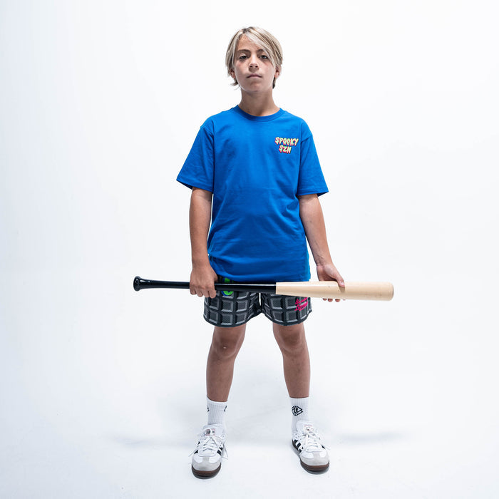 Youth model wearing blue youth graphic tee with "Spooky SZN Waffle" design